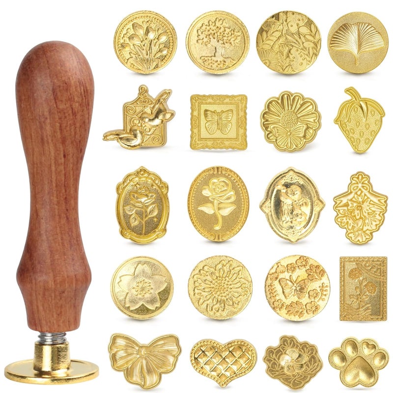 Ceemiaa Vintage Wax Seal Stamp Set – 20-Piece Classic Seal Heads with Wooden Handle for Invitations, Letters, Gift Wrapping & More (Assorted Designs) - Image 1